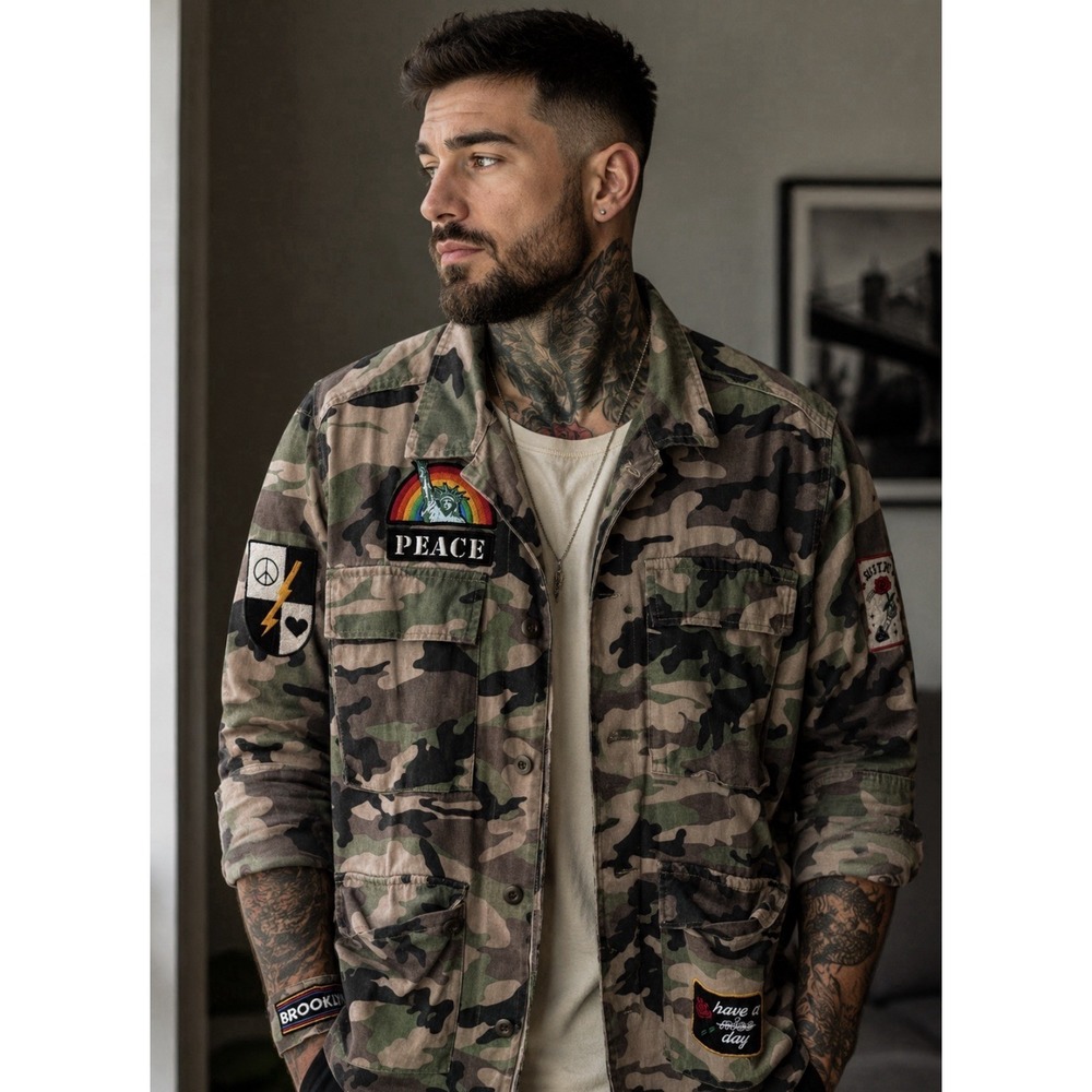 The Rail Camo Military Patch Jacket‎ Size Large L Green Patches